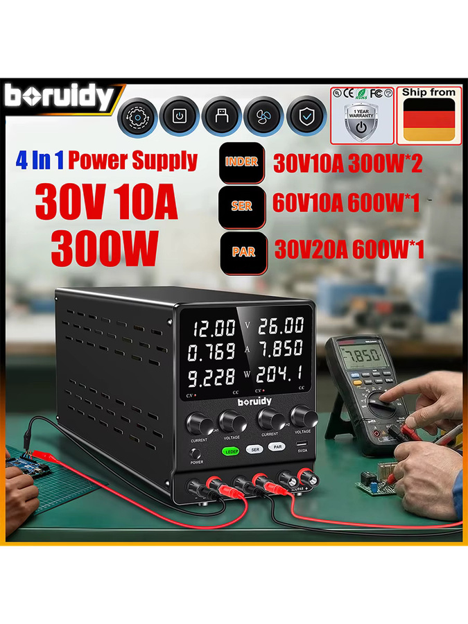 Boruidy Dual-Ausgangs-Labornetzteil in Schwarz mit unabhängiger Serien-Parallel-Funktion, Mehrkanal-Gleichstromversorgung, einstellbar 0-240V/0-20A, 4-in-1-Testnetzteil - Bild 9
