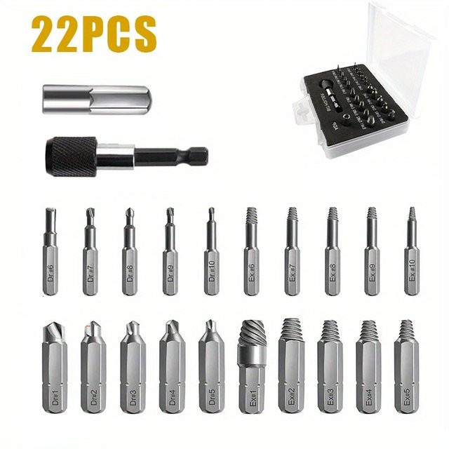22-teiliges Schraubenausdreher-Set von louCnloin in Silber zum Entfernen von beschädigten Gewinden und Kreuzzähnen aus Schnellarbeitsstahl inklusive Stecknussverlängerungsbit - Bild 1