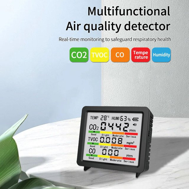 Gaqqee 5-in-1 Luftqualitätsmonitor CO2-Detektor für Formaldehyd, VOCs, Temperatur und Feuchtigkeit in Schwarz oder Weiß - Bild 1