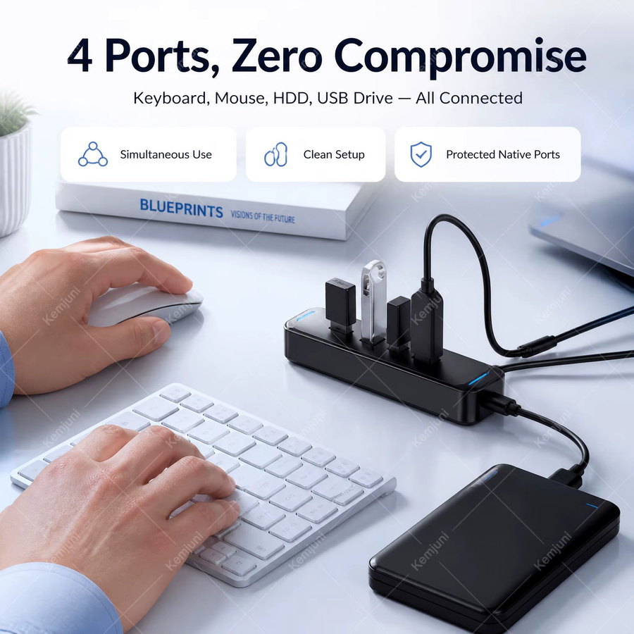 Kemjuni USB 3.0 Hub 4-Port USB-Verlängerungskabel in Schwarz mit 3m Kabellänge für Desktop-Computer, Laptops, Mac und Windows mit 5GBPS Übertragungsrate - Bild 3