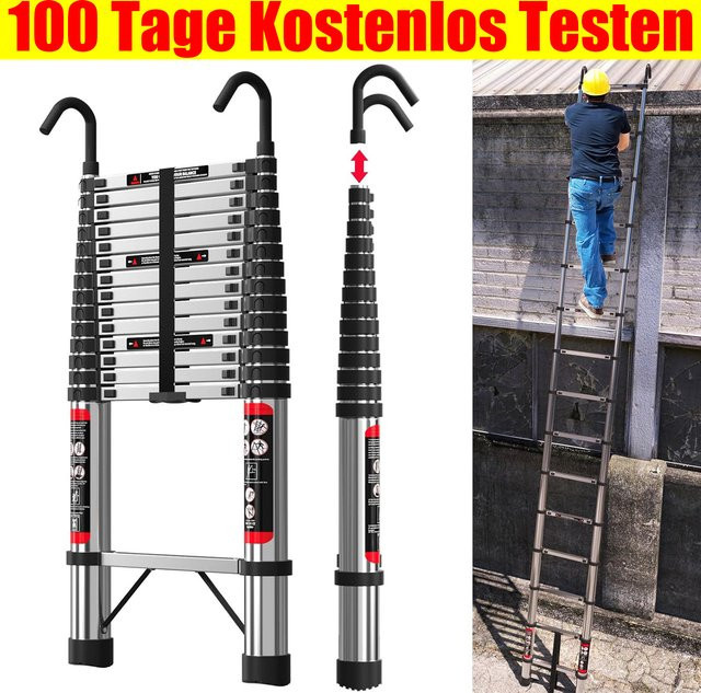 DayPlus Teleskop-Verlängerungsleiter aus Edelstahl in Silber mit 2 abnehmbaren Haken, Tragfähigkeit 150 kg - Bild 1