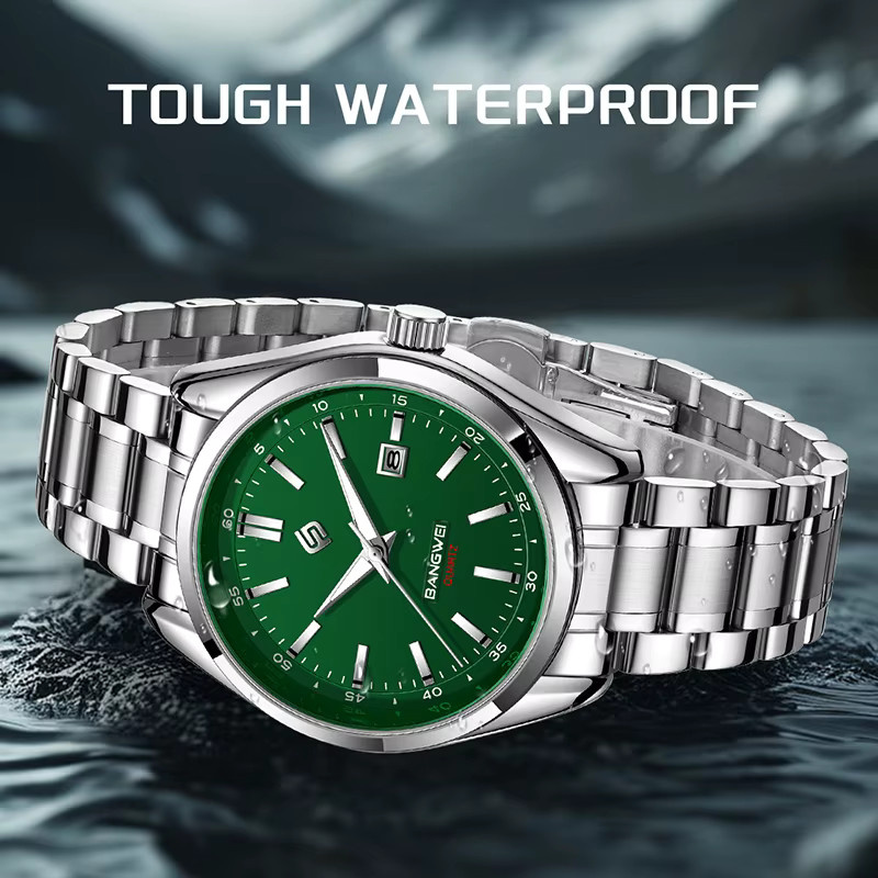 BANGWEI Armbanduhr Quarz, Edelstahl, Silber, Grün, Herren - Bild 2