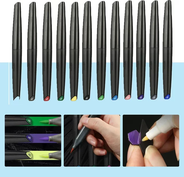 Dspiae 12-Farben-Pinselstift-Set mit wasserbasierten Markern, metallische fluoreszierende Farben für Kunsthandwerk und Zeichnungen, Multicolor - Bild 1