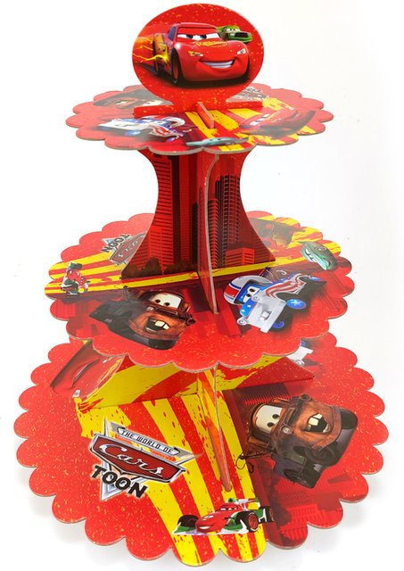 Disney Cartoon Rennwagen Cupcake-Ständer aus Papier, 3-stöckiger Dessert-Präsentationshalter in Rot für deine Geburtstagsparty - Bild 1