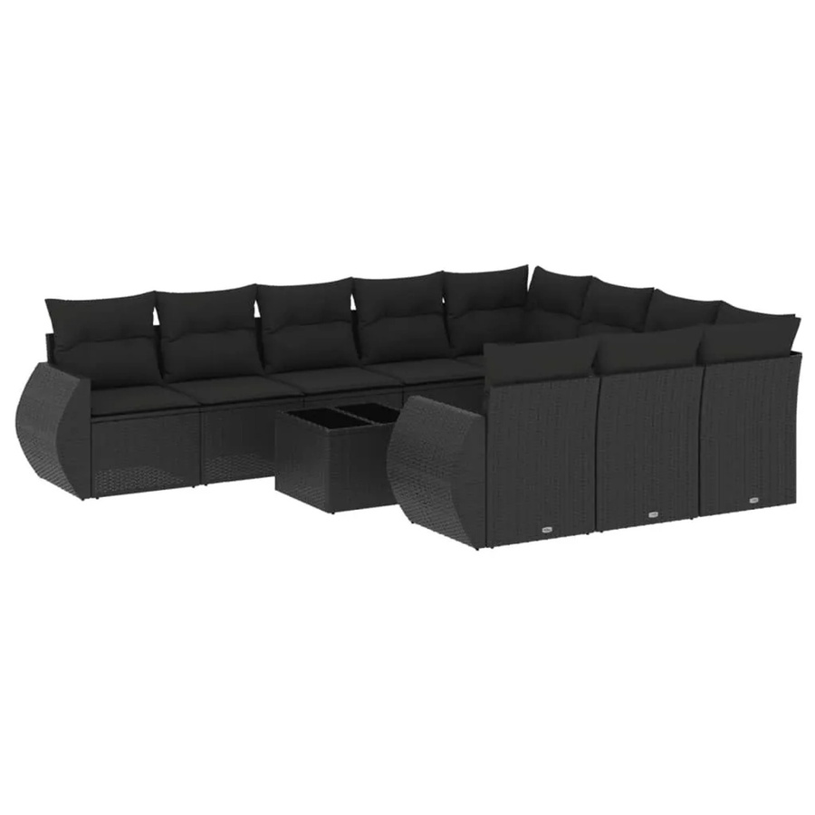 vidaXL 11-tlg. Garten-Sofagarnitur in L-Form mit Kissen und Couchtisch, Schwarz, Poly-Rattan und Metall - Bild 2