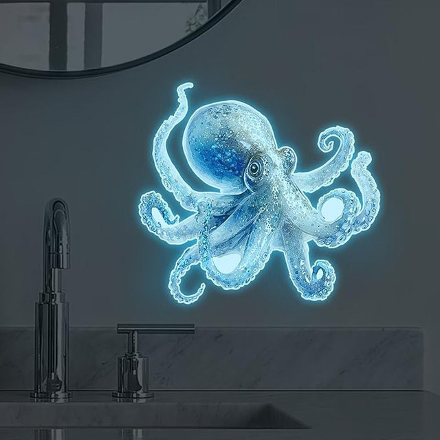 Selbstklebender Cartoon-Krake Toilettenaufkleber in Blau, wasserdicht und leuchtend im Dunkeln für deine Badezimmer-Dekoration - Bild 1