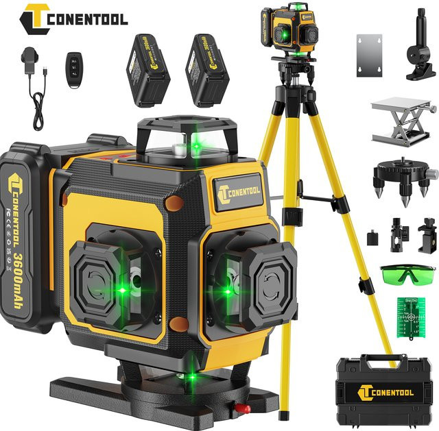 CONENTOOL Laser Level mit Stativ, multifunktionales 4D 16 Kreuzlinien Gerät mit 360 Grad Rotationsfenster, selbstnivellierend, Gelb, inklusive 2 Akkus und Ladegerät - Bild 1