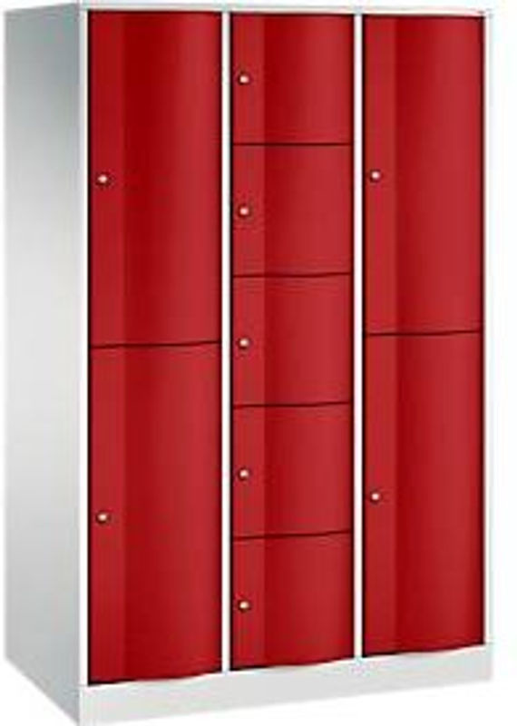 C+P Kombi-Schließfachschrank Resisto mit 3 Abteilen und 9 Fächern, Lichtgrau/Rubinrot, B/T/H: 114,8 x 64,0 x 195,0 cm - Bild 2