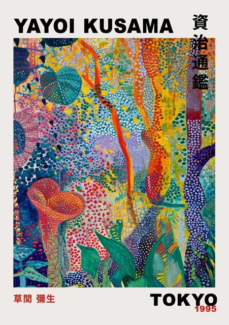 Potdemiel Wandbild Yayoi Kusama Berge und Flüsse Poster, Farbenfrohes Japanisches Motiv auf Leinwand, Breite: 30 cm, Höhe: 45 cm - Bild 1