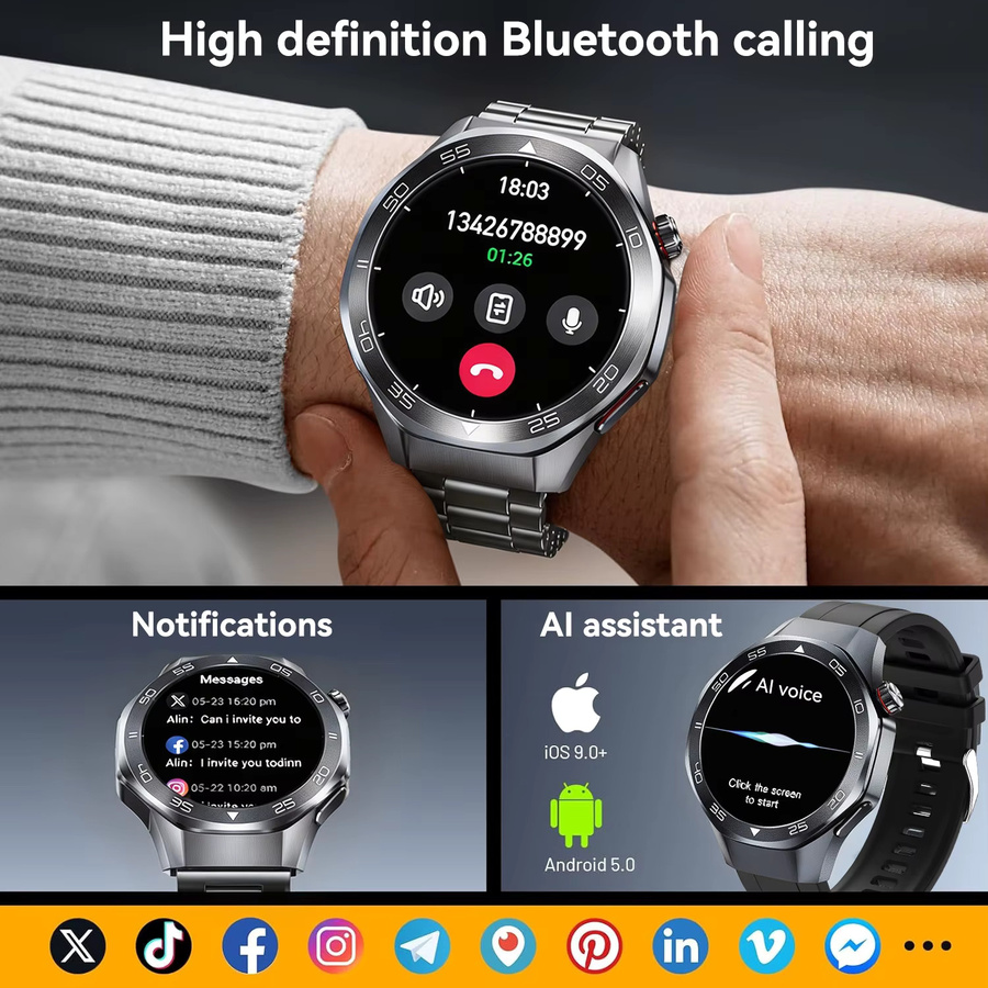 GUHUAVMI WATCH 6 PRO Smartwatch Globale Edition in Schwarz mit AMOLED Saphirglas-Bildschirm, GPS, Kompass und Bluetooth-Anruffunktion, 3ATM wasserdicht - Bild 4
