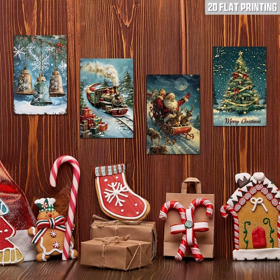 HELLOYOUNG Vintage Weihnachts-Blechschild-Set aus Metall in Multicolour mit Weihnachtsmann, Zug und Schneeszene, B/H: 30 x 20 cm - Bild 3