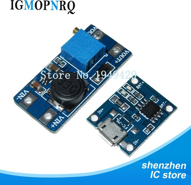 TP4056 Lithium-Batterie-Lademodul mit Schutz und MT3608 DC-DC Aufwärtswandler Set, Micro-USB, Blau - Bild 1