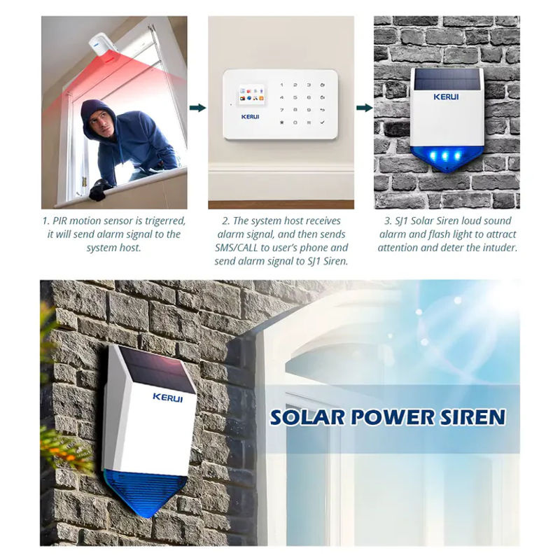 KERUI Solar-Sirenenpanel für Außenalarm mit Blitzlicht, Reaktionssound 110 dB und Stromversorgung, Farbe: Weiß, B/T/H: 30,0 x 20,0 x 0,0 cm - Bild 4
