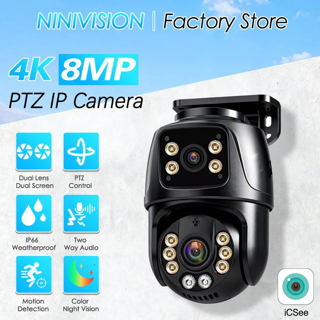 NINIVISION Dual Lens Dual Screen 4K 8MP HD POE PTZ Kamera Outdoor mit 4MP AI Menschlicher Erkennung, IP CCTV Überwachungskamera mit Audio und Video via iCSee, Schwarz - Bild 1
