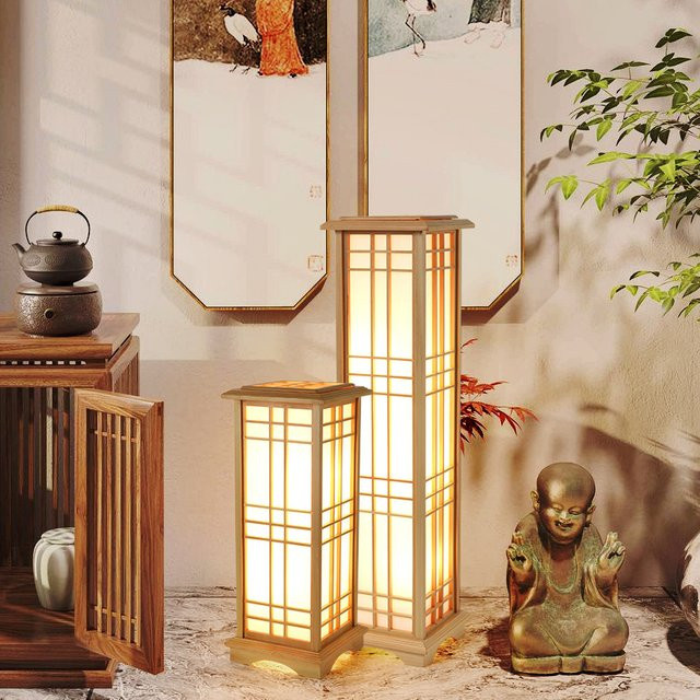 HomeLover Japanische Holz-Stehlampe mit LED und quadratischem Design in Weiß für Wohnzimmer und Schlafzimmer - Bild 1