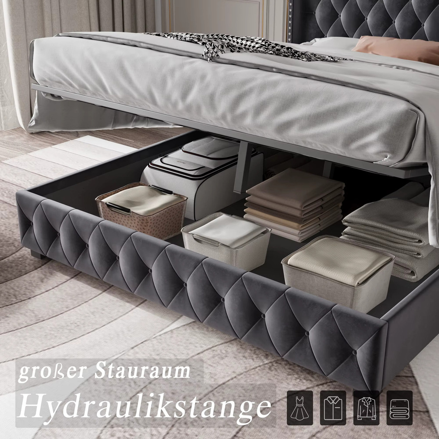 Fangange Samtbett mit Stauraum und hydraulischem Ottoman-Mechanismus, dunkelgraues Doppelbett mit getuftetem Nieten-Kopfteil, B/T: 140 x 200 cm - Bild 4