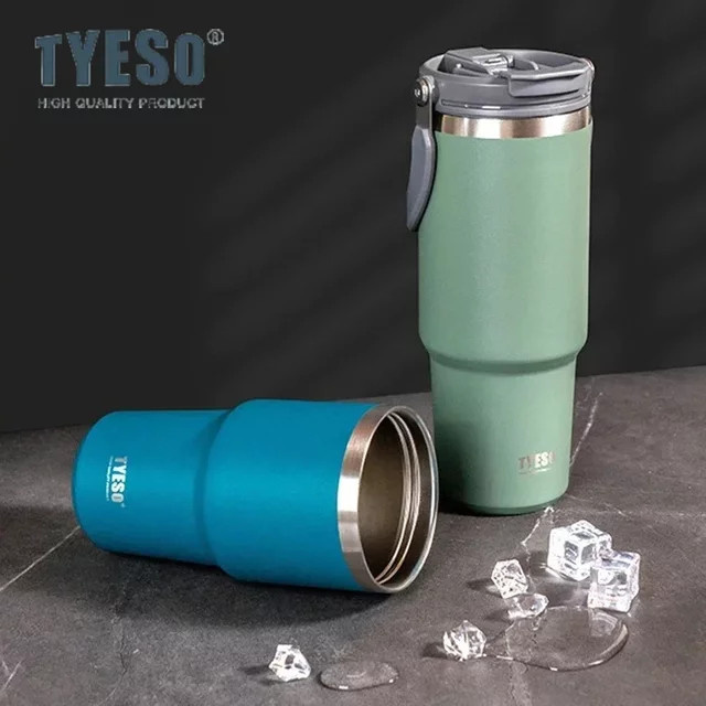 TYESO Isolierbecher aus Edelstahl mit Griff und Strohhalm, vakuumisolierte Thermosflasche für Outdoor und Reise, Farbe: Blau - Bild 1