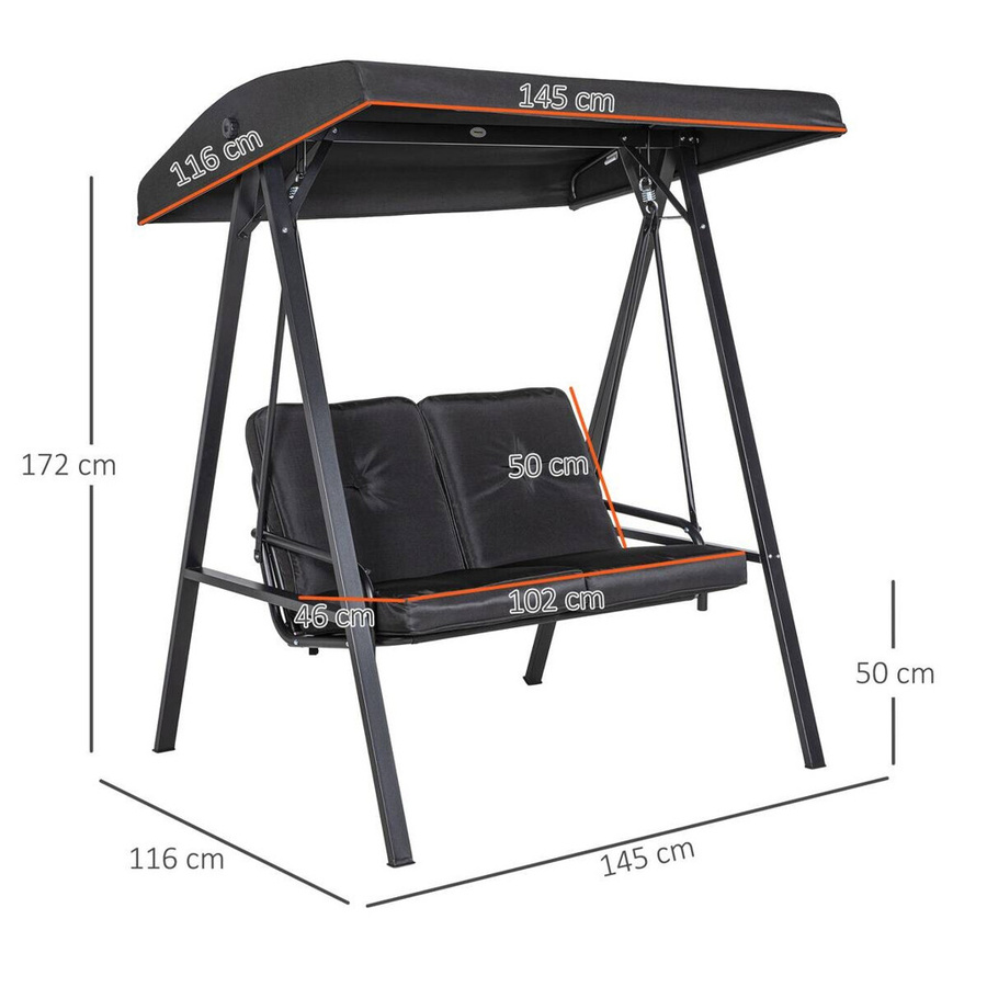 Outsunny Hollywoodschaukel Schwarz mit Sonnendach und Kissen aus Polyester und Stahl B/H/L: 116 x 172 x 145 cm - Bild 4