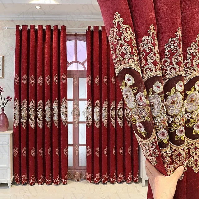 Verdunkelungsvorhang mit goldener Blumenstickerei in Rot und Transparent, Black Ant Tüllvorhang für Wohnzimmer und Büro, Höhe: 240 cm, Breite: 100 cm - Bild 1