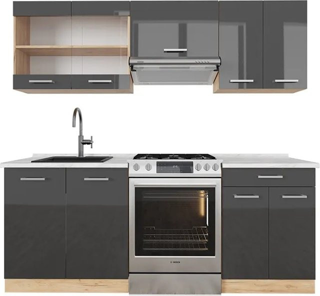 Vicco R-Line Küchenzeile Anthrazit Hochglanz und Goldkraft Eiche mit Marmor-Optik, Breite: 200 cm - Bild 1