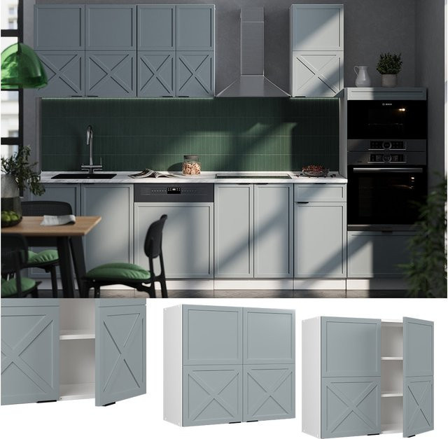 Vicco Hängeschrank Fame-Line Küchenschrank mit Glastüren in Weiß, Hellblau und Grau, B: 80 cm, H: 72 cm, T: 34,1 cm - Bild 1