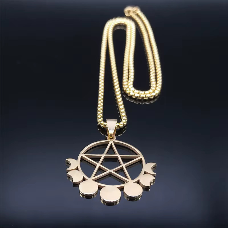 AFAWA Halskette Pentagramm Mond, Edelstahl, Goldfarben, Unisex - Bild 2