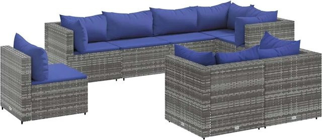 vidaXL 8-tlg Garten-Lounge-Set in L-Form aus grauem Poly-Rattan mit Kissen und pulverbeschichtetem Stahlgestell - Bild 1