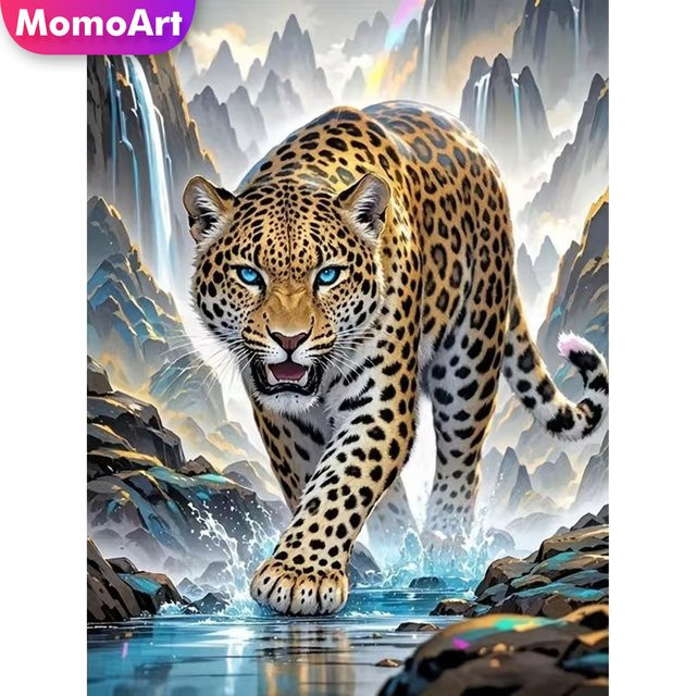 Momoart Diamantmalerei Leopardenmotiv mit Berg-Motiv als DIY-Stickerei für Anfänger, Multicolor, B/H: 30 x 20 cm - Bild 1