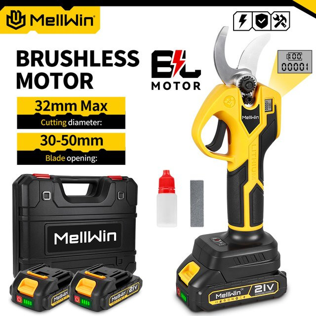 MELLWIN Bürstenlose elektrische Gartenschere Cordless mit 32mm Schneide für Makita 18V LXT Akkus, Gelb - Bild 1
