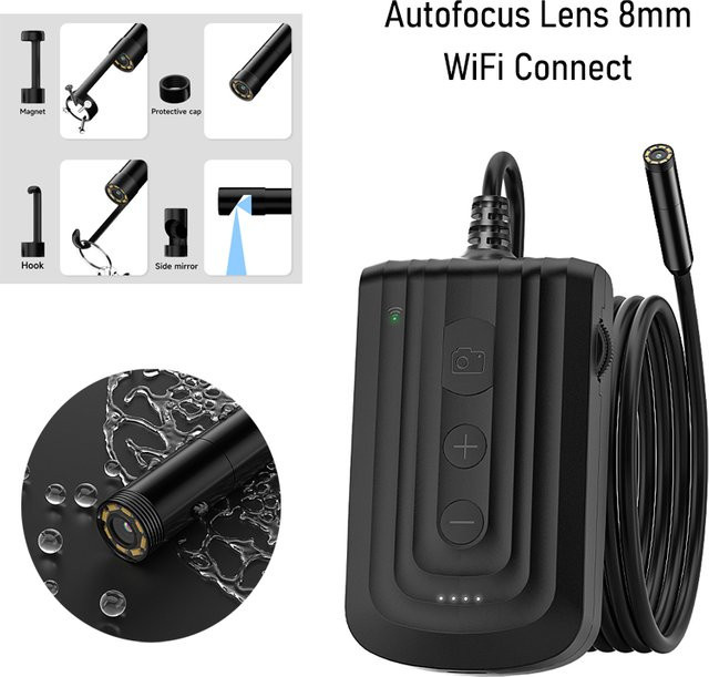 BUMBORN WiFi-Boreskopkamera mit Autofokus, 8mm Endoskop in Schwarz, 1920P HD, IP67 wasserdicht, für iOS und Android zur Inspektion von Rohrleitungen und Abwasserkanälen - Bild 1