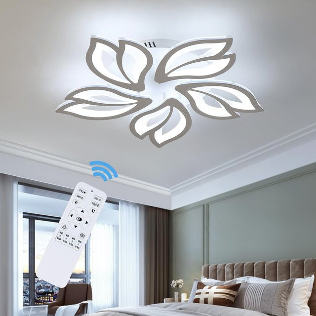 Moderne dimmbare LED-Deckenleuchte in Weiß mit Fernbedienung und 5 Blütenblattköpfen, 45 W - Bild 1