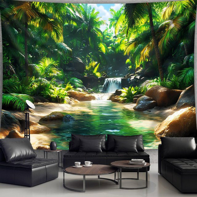 JMG Household Supplies Wandteppich Tropischer Regenwald mit Wasserfall und Bach in Dschungellandschaft, Mehrfarbig, Breite: 100 cm, Breite: 150 cm - Bild 1