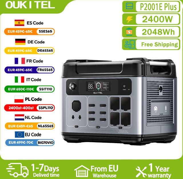 OUKITEL P2001E PLUS Tragbares Kraftwerk 2400 W Solargenerator mit 2048 Wh LiFePO4-Batterie in Grau für Home Backup, Outdoor und Camping - Bild 1