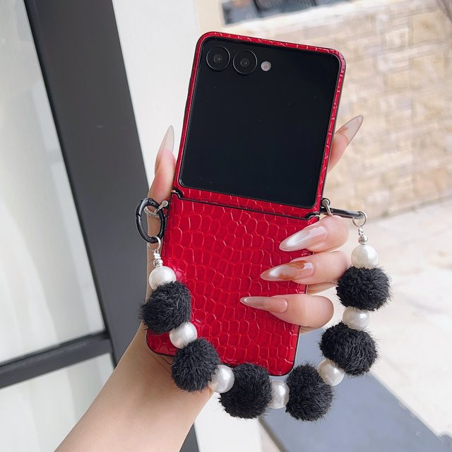 Krokodilleder-Handyhülle für Samsung Galaxy Z Flip 7, 6, 5, 4, 3 mit Armband und Riemen in Rot - Bild 1