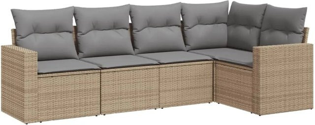 vidaXL 5-tlg Garten-Sofagarnitur in L-Form aus beige Poly Rattan mit Kissen und pulverbeschichtetem Stahlgestell - Bild 1