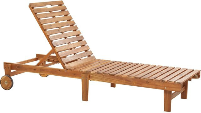 Beliani Gartenliege aus Akazienholz in Weiss und Heller Holzfarbe mit verstellbarer Kopfstütze und Rollen, B/T/H: 197 x 70 x 67 cm - Bild 1