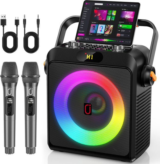 FanFun Karaoke-Maschine mit 2 kabellosen Mikrofonen, tragbarer Bluetooth 5.3 Karaoke-Lautsprecher mit 6,5-Zoll-Subwoofer und Bass-Echo-Funktion, Schwarz - Bild 1
