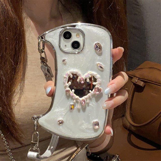 Koreanische 3D-Glitzer-Edelstein-Handyhülle mit Herz-Spiegel und Lederband für Apple iPhone 17, 16, 15, 14, 13, 12 in Weiß - Bild 1