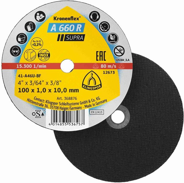 Klingspor Supra A 660 R Trennscheibe für Metall, Schwarz, Durchmesser: 100 mm, Breite: 1 mm, Bohrung: 10 mm - Bild 1