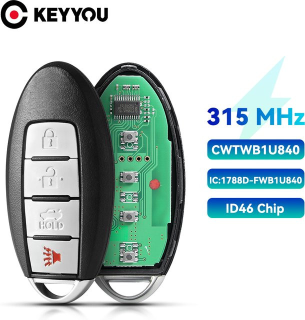 Keyyou Smart Auto Fernbedienung Schlüsselanhänger für Nissan Sentra Versa, 315MHz ID46 4-Tasten, Schwarz - Bild 1
