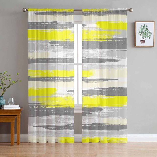 Transparente Vorhänge mit geometrischem Linienmuster in Gelb aus Organza-Tüll für Wohnzimmer und Küche, Breite: 135 cm, Höhe: 185 cm - Bild 1