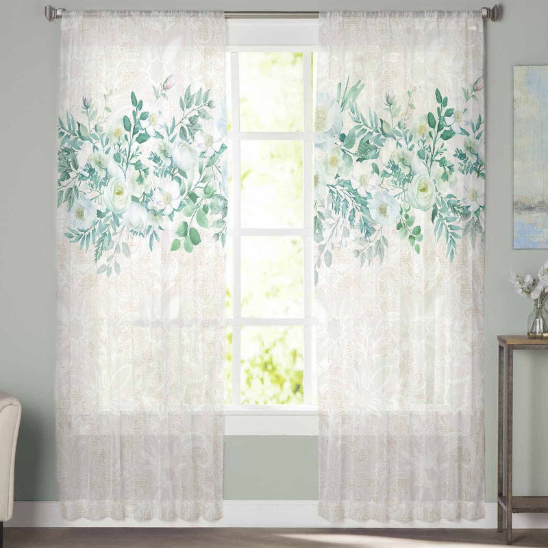 Super Six Chiffon Fenstervorhang mit Aquarell Blumen und Blättern in Weiß, Breite: 135 cm, Höhe: 114 cm - Bild 3