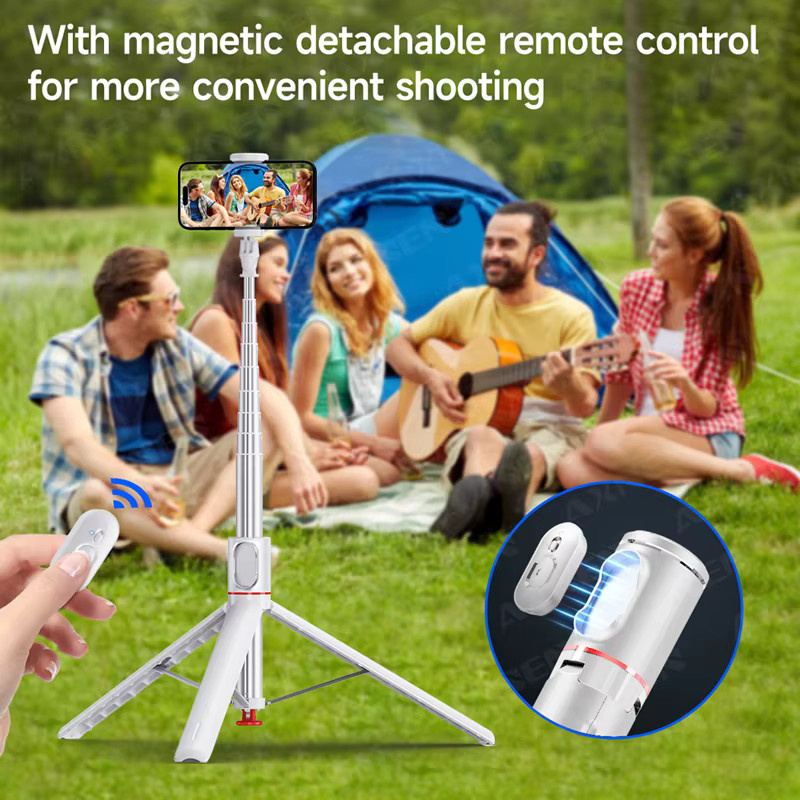 Axnen Selfie-Stick-Stativ in Weiß mit Bluetooth-Gimbal und magnetischer Fernbedienung, tragbares All-in-One Smartphone-Stativ, Höhe: 177,8 cm - Bild 3