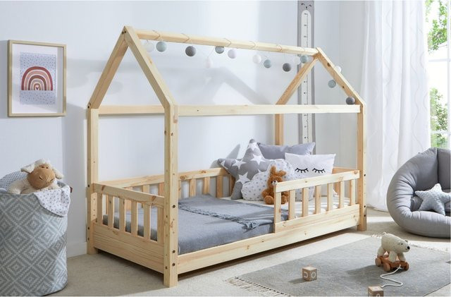 TiCAA Kinderbett Hausbett Kay aus Kiefer Massivholz in Weiß mit Rolllattenrost und variablem Rausfallschutz im Montessori-Stil - Bild 1