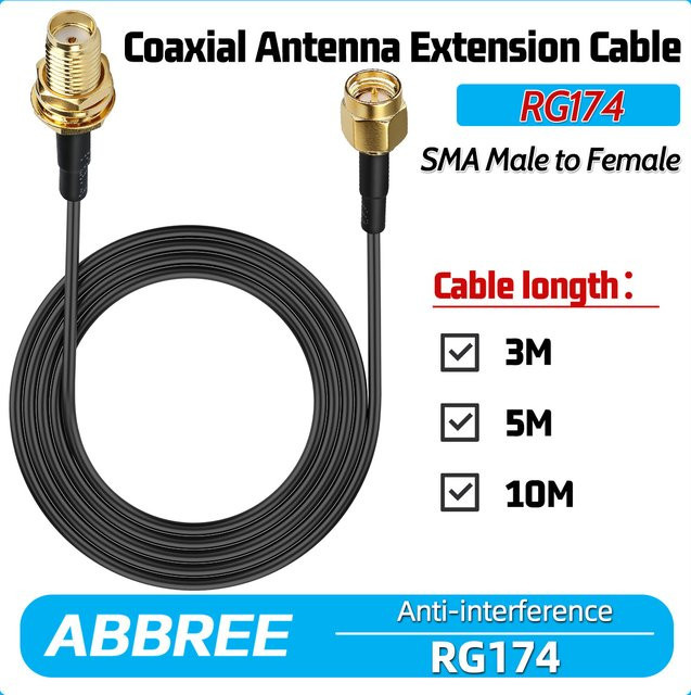 ABBREE RG174 SMA Stecker auf Buchse Koaxial-Verlängerungskabel für WLAN-Antennen, RF-Koax-Pigtail Adapter in Schwarz - Bild 1