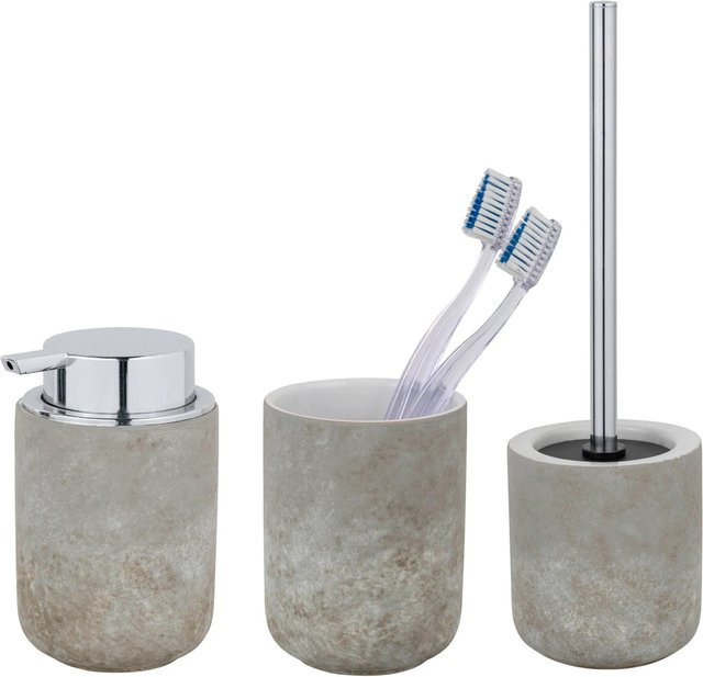 Schöner Wohnen Bad-Accessoire Set Londa aus Keramik in Grau, 3-teilig bestehend aus WC-Garnitur, Seifenspender und Zahnputzbecher - Bild 1