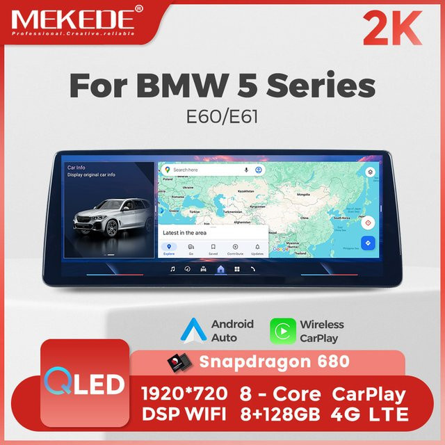 MEKEDE Linux Android Autoradio mit Wireless CarPlay für BMW 3er/5er Serie E90 E91 E92 E93 E60 E61 E63 CCC CIC Multimedia Navigationssystem in Schwarz mit GPS, 4G LTE und Dual Bluetooth - Bild 1