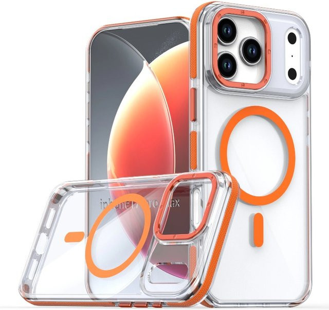 Magnetische kabellose Lade-Handyhülle mit Linsenschutz für Apple iPhone 17 16 15 14 13 12 Pro Max in Orange und Transparent - Bild 1