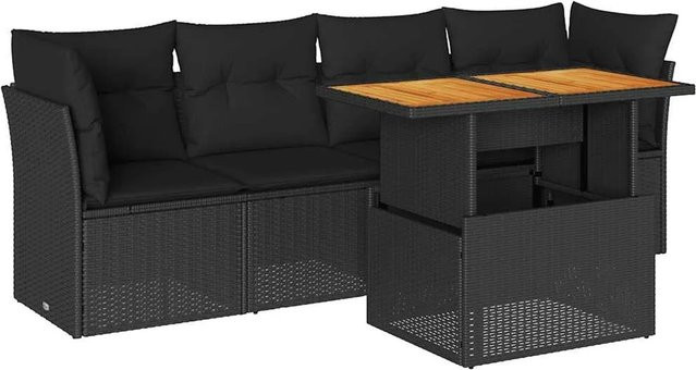 vidaXL 5-teilige Garten-Sofagarnitur aus Poly-Rattan und Akazienholz in Schwarz mit Kissen - Bild 1