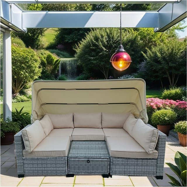 HTI-Living Loungemöbel Set 6-teilig aus Polyrattan in Grau/Beige mit Polsterkissen und Stahlrahmen - Bild 1